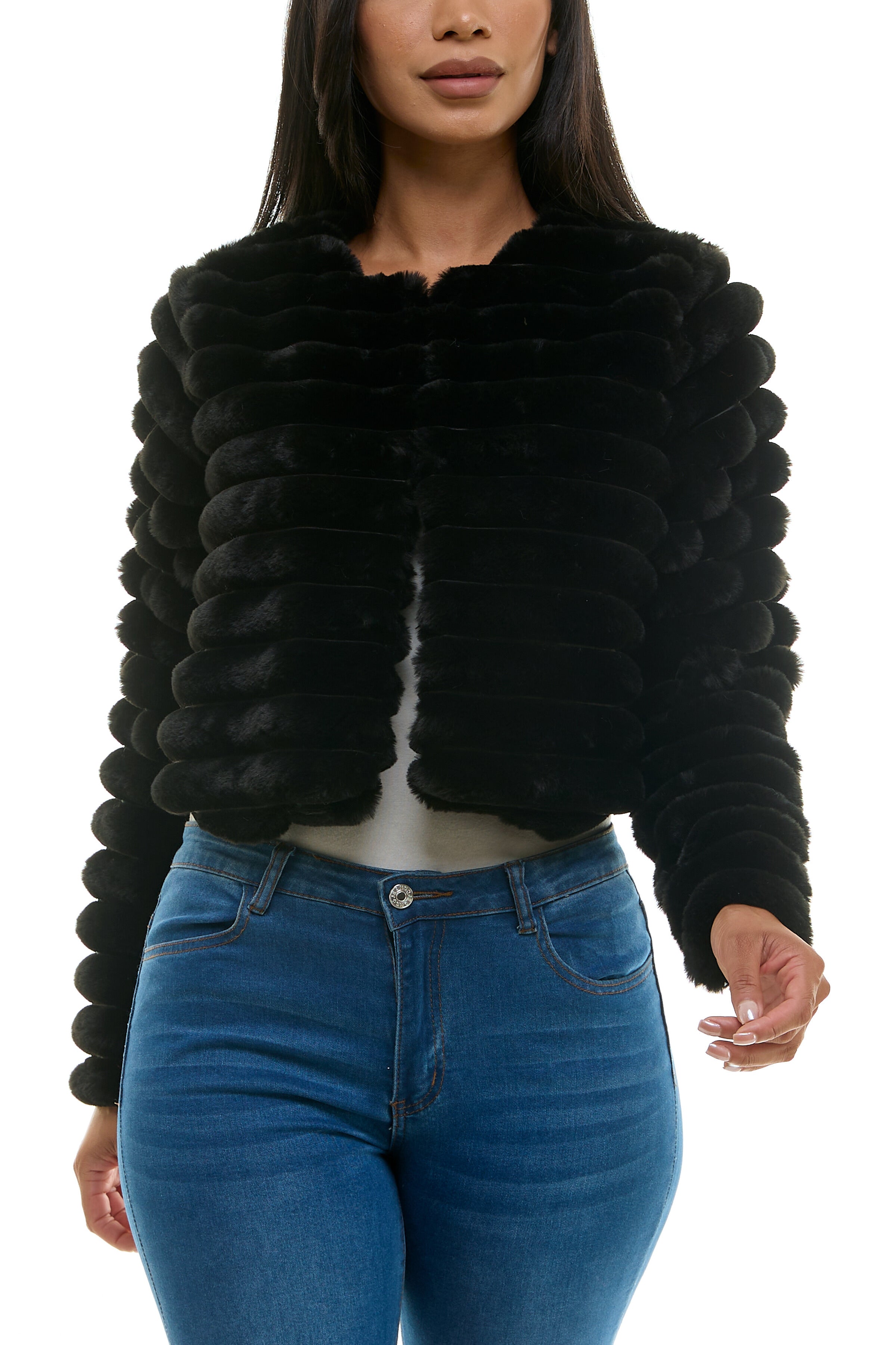 Nina Leonard Ribbed Channeled Texture Faux Fur Cropped Coat Jacket